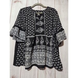 Une Ame Womens Black White Patterned Bell Sleeve Blouse XL NWT Boho Whimsigoth